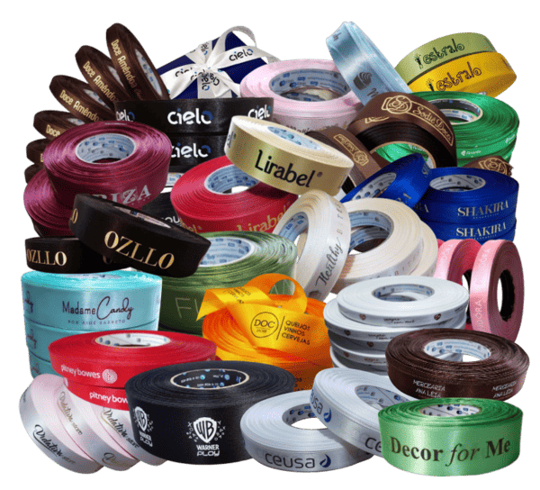 Diversas opções de fita de cetim personalizada com logo impresso