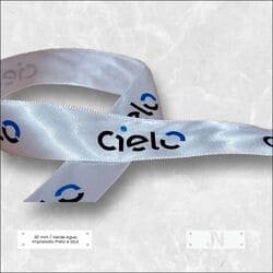 Cetim Fita Branca Personalizada 20mm com Logo Cielo em Preto e Azul